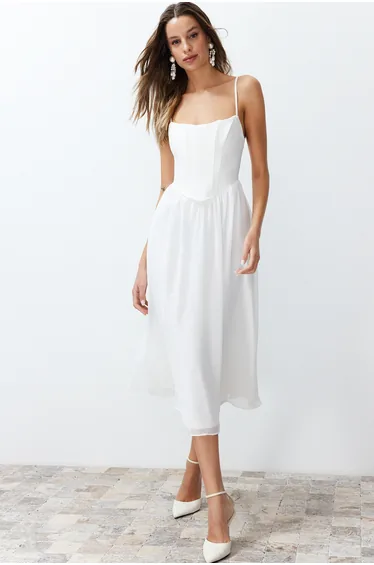 White Waist Opening/Skater Lining Corset Detailed Tulle Elegant Evening Dress