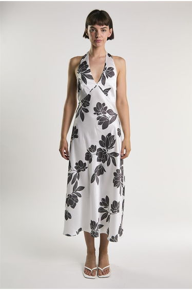 White Brown Floral Halter Neck Midaxi Dress