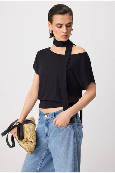 Black Striped Regular Fit Boat Neck Belted Soft Knitted Blouse