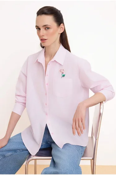 Pink Striped Embroidery Detailed Oversized Shirt