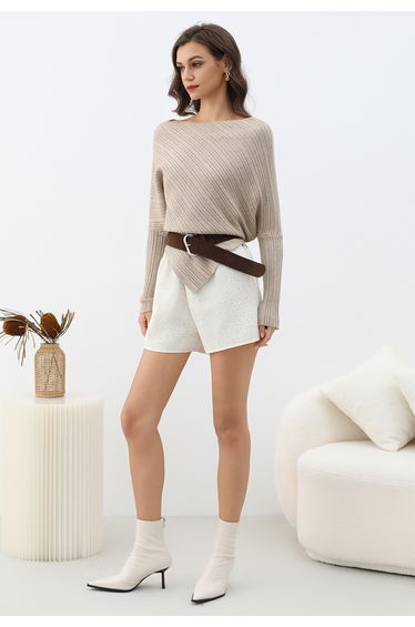 Asymmetric Hem Belt Ribbed Knit Top in Oatmeal