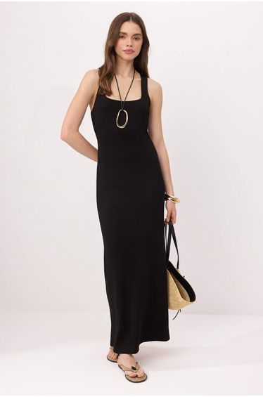 Black Bodycon Square Neck Thick Strap Sleeveless Maxi Soft Touch Knitted Dress