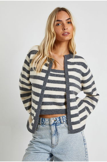 Super Soft Striped Knitted Boxy Fit Cardigan and Knitted Crop Top 2 Piece Set - grey