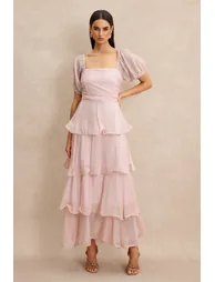 Chiffon Ruffle Square Collar Midi Dress