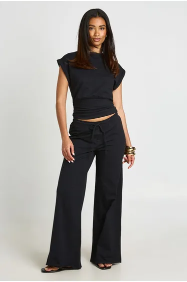 Slub Drawstring Straight Leg Trouser - black