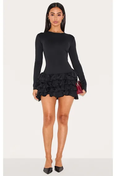 Petite Black Long Sleeve Frill Detail Shift Mini Dress