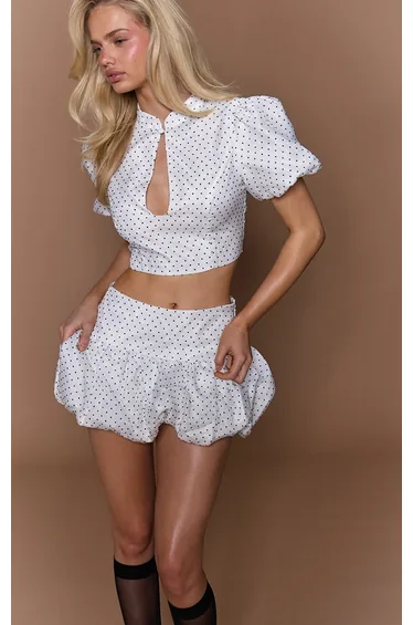 White Organza Mini Polka Dot Puff Hem Mini Skirt