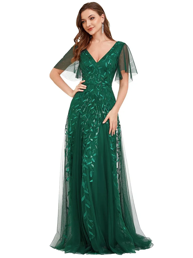 Romantic Shimmery V Neck Ruffle Sleeves Maxi Evening Gowns