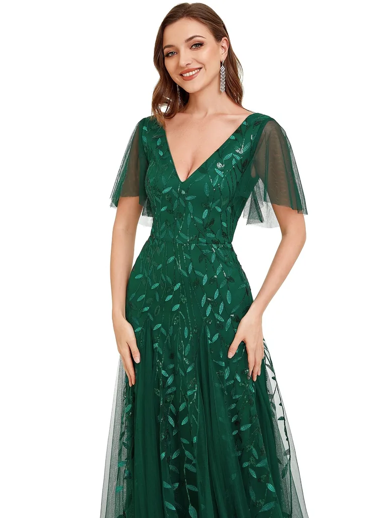 Romantic Shimmery V Neck Ruffle Sleeves Maxi Evening Gowns - 4