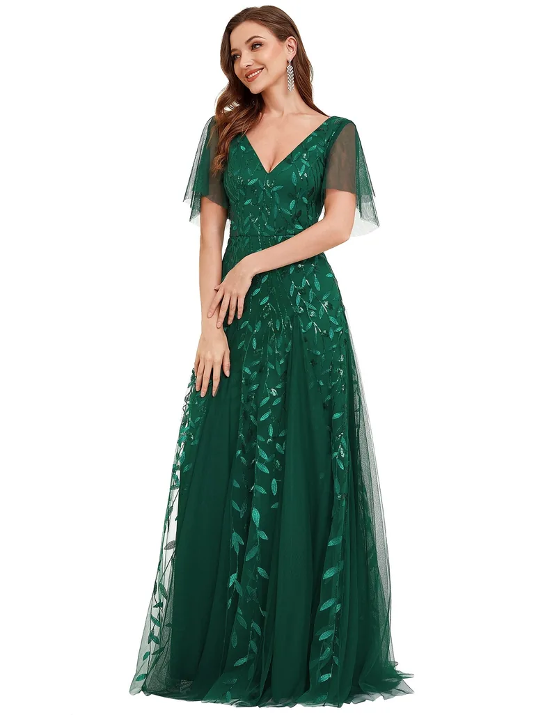 Romantic Shimmery V Neck Ruffle Sleeves Maxi Evening Gowns - 3