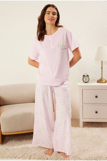 Lilac Floral Jersey Knitted Pajama Set
