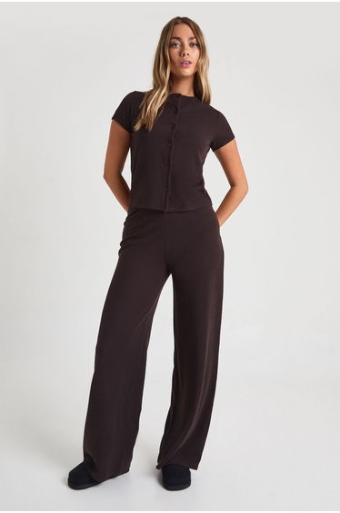 Crinkle Rib Button Through Cap Sleeve Top and Trouser Set - chocolate