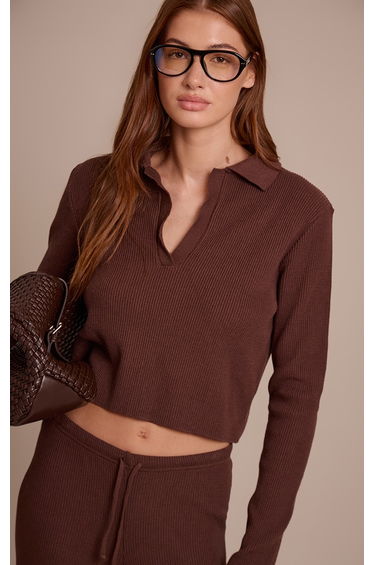 Chocolate V Neck Ribbed Long Sleeve Knit Jumper