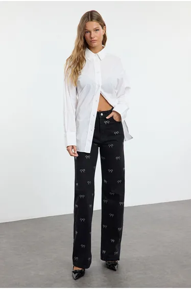 Black Bow Detailed High Waist Wide Leg Jeans