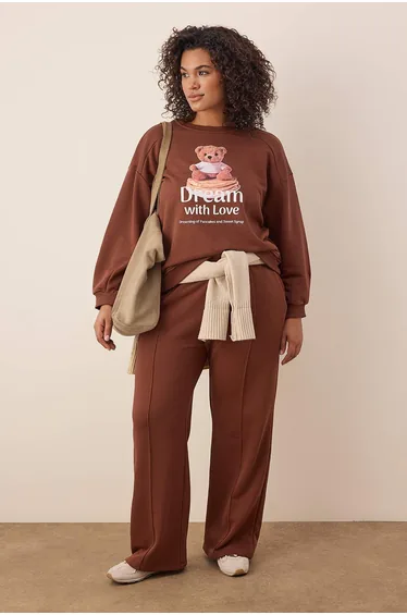 Brown Crew Neck Wide Mold Crop Knitted Plus Size Tracksuit