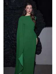 Pleated Round Neck Cape Maxi Dress - 3
