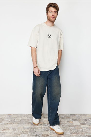 Stone Men's Oversize Deer Embroidered 100% Cotton T-Shirt