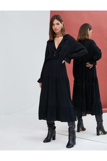 V Neck Button Detail Ruffled Voluminous Maxi Dress