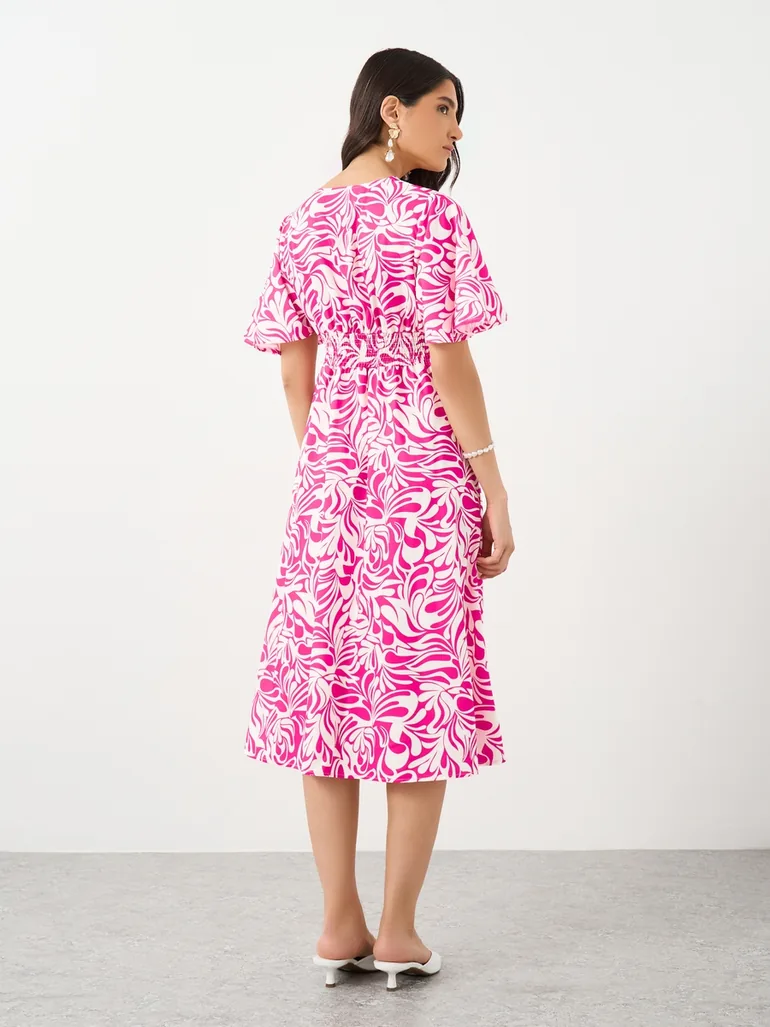 Floral Print V-Neck Short Sleeve Midi Dress Take Two Pink : Day Dresses :  VogaCloset Oman