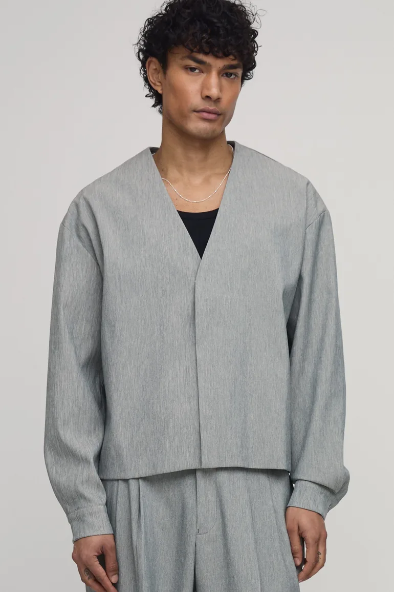 Herringbone Oversized Boxy Collarless Blazer - stone