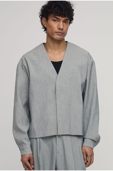Herringbone Oversized Boxy Collarless Blazer - stone