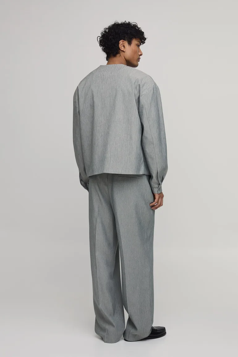 Herringbone Oversized Boxy Collarless Blazer - stone - 2