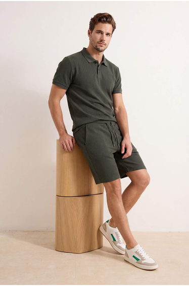 Khaki Textured Regular Fit Polo Neck Top Tracksuit Set