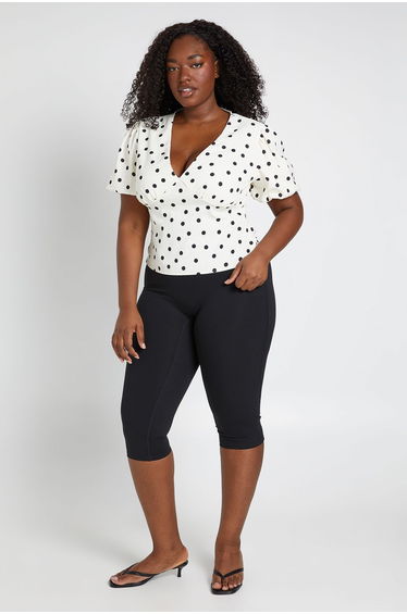 Plus Satin Polka Dot Puff Sleeve Blouse - white