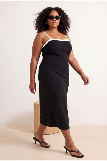 Black Color Block Accessory Detailed Maxi Crepe Knitted Plus Size Dress
