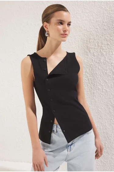 Black Buttoned Asymmetric Fitted/Fits Body Elastic Ribbed Knitted Blouse