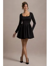 club l london wilder dress Wilder | Black Embellished Square-Neck Long-Sleeve Skater Mini Dress
