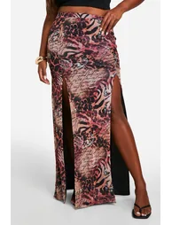 Plus Mesh Mixed Leopard Print Split Detail Maxi Skirt - 2