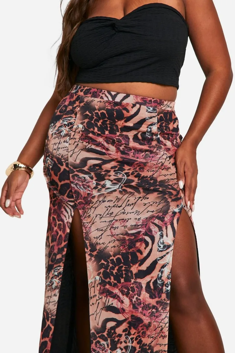 Plus Mesh Mixed Leopard Print Split Detail Maxi Skirt - 3