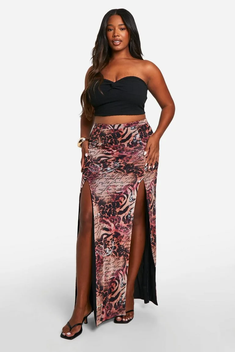 Plus Mesh Mixed Leopard Print Split Detail Maxi Skirt