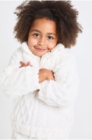 Kids Matching Family Cable Knit Fleece Zip-Up Sweatshirt & Trousers Lounge Set - cream
