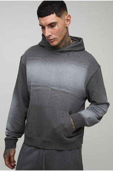 Tall Oversized Boxy Western Graphic Acid Wash Distressed Hoodie - charcoal