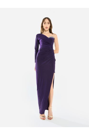 Women Crystal Accent Ruched Gown Maxi Dress