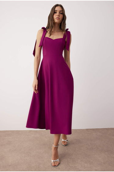 Plum Plain Skirt with Tie Detail and Opening at the Waist, Woven Finike Maxi Unlined Chic/Evening Dress