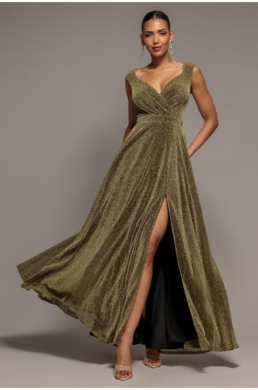 Crossover Lurex Glitter Maxi Dress - Brown by Goddiva