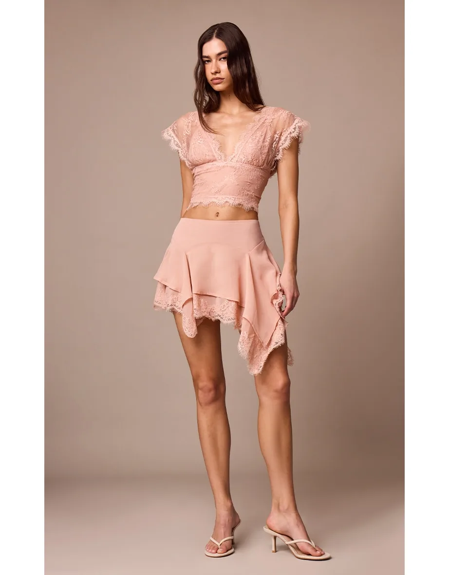 Apricot Chiffon Layered Lace Detail Mini Skirt Prettylittlething