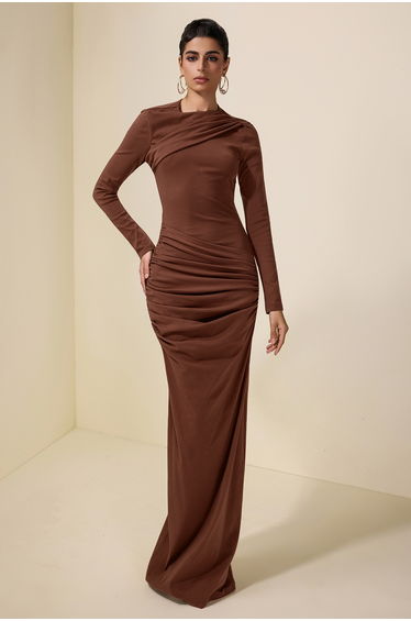 Solid Gathering Long Sleeve Maxi Dress