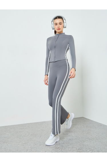 Women Grey Contrast Side Stripe Jacket and Leggings Set