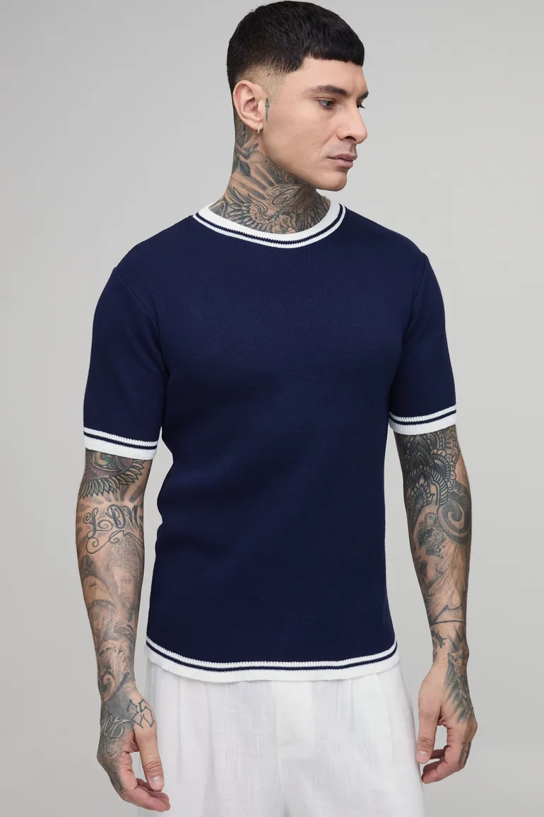 Tall Muscle Fit Cotton Blend Tipped Knitted T-Shirt