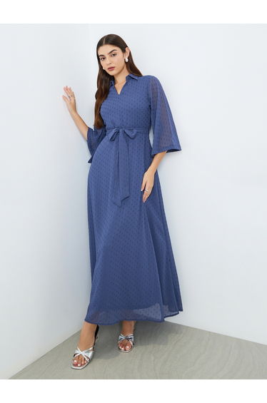 Women Blue Textured Collared A-Line Maxi Dress