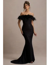 Idyll | Black Lace Bardot Feather Fishtail Maxi Dress