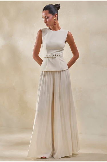 Karienne | Cream Round-Neck Top With Belted-Detail