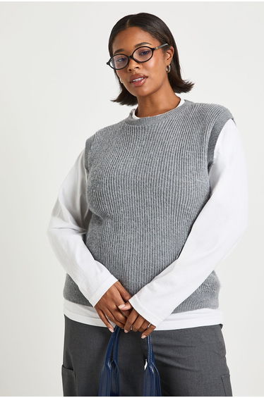 Plus Knitted Crew Neck Vest - charcoal