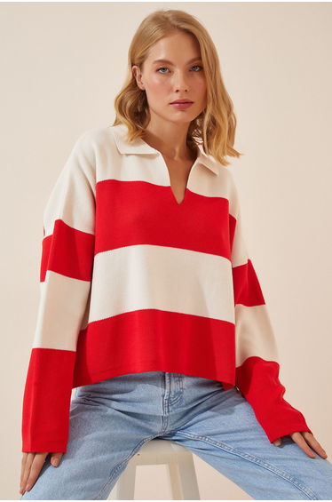 Women's Red White Polo Neck Oversize Crop Knitwear Sweater