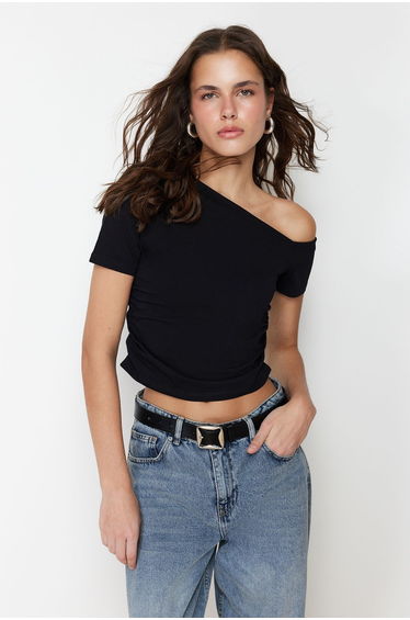 Black Gathered Asymmetric Collar Flexible Knitted Blouse