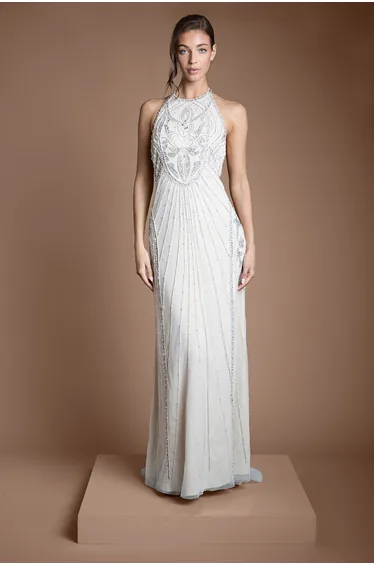 فستان كوست فاشن أبيض طول الأرض على شكل حرف A بياقة هالتر